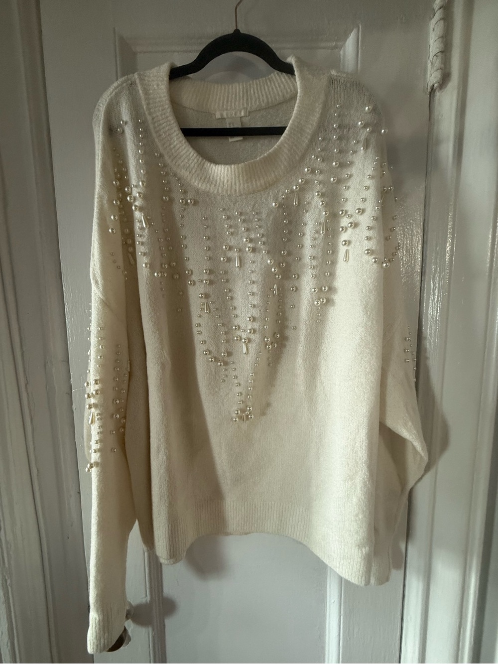 H&M White Pearl-Embellished Dressy Crewneck Sweater